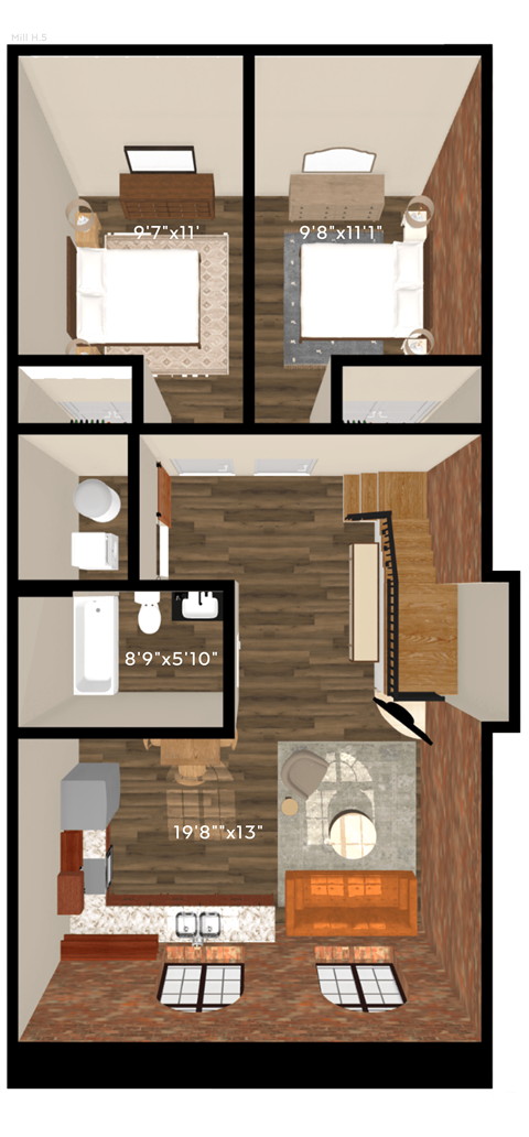 Floor plan for 2 beds, 2 baths, 942 sqft